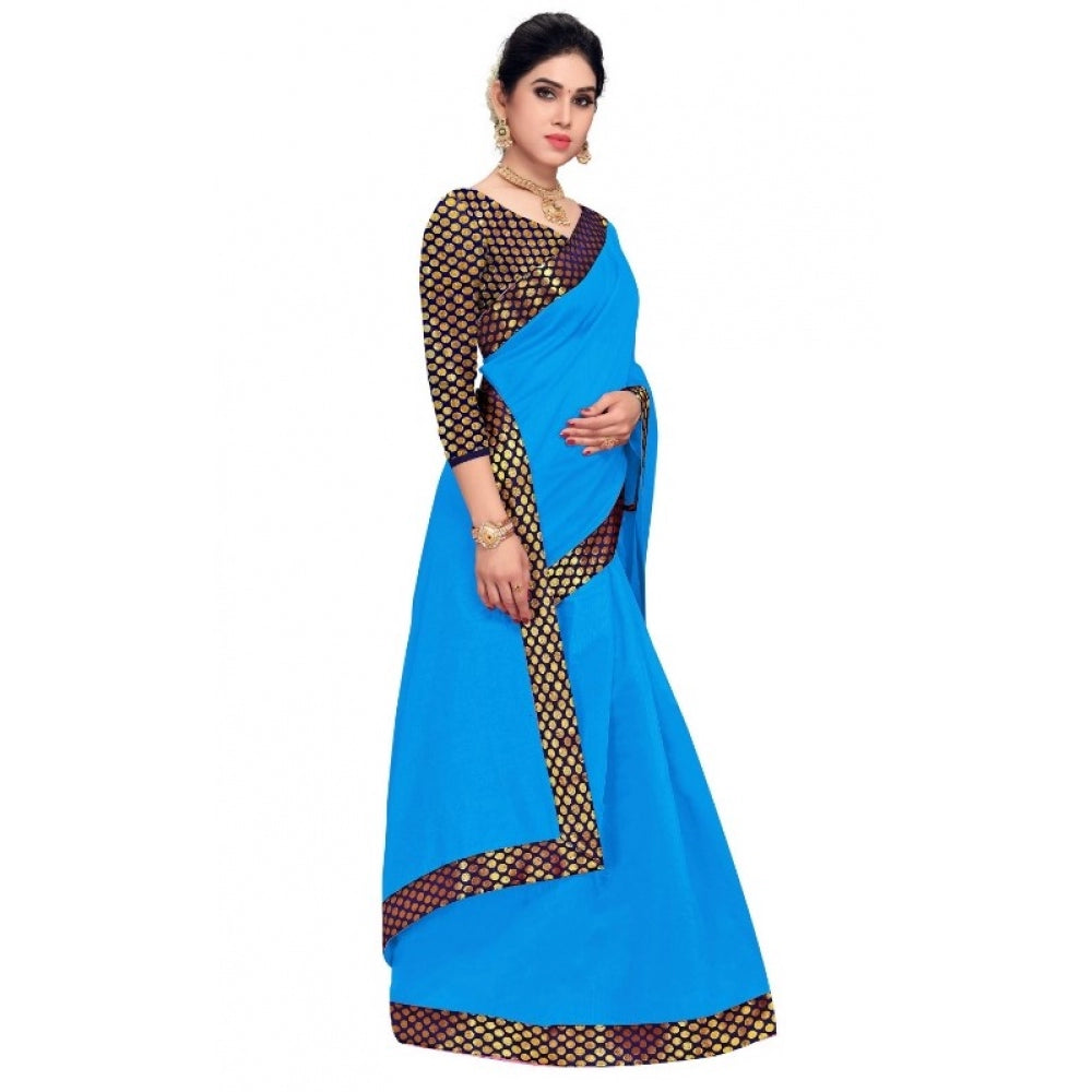 Generic Women's Chanderi Cotton Lace Border Saree With Blouse (Sky Blue, 5-6 Mtrs)