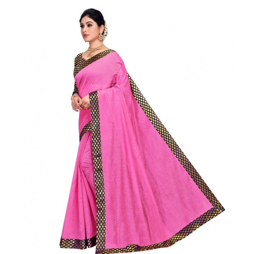 Generic Women's Chanderi Cotton Lace Border Saree With Blouse (Pink, 5-6 Mtrs)