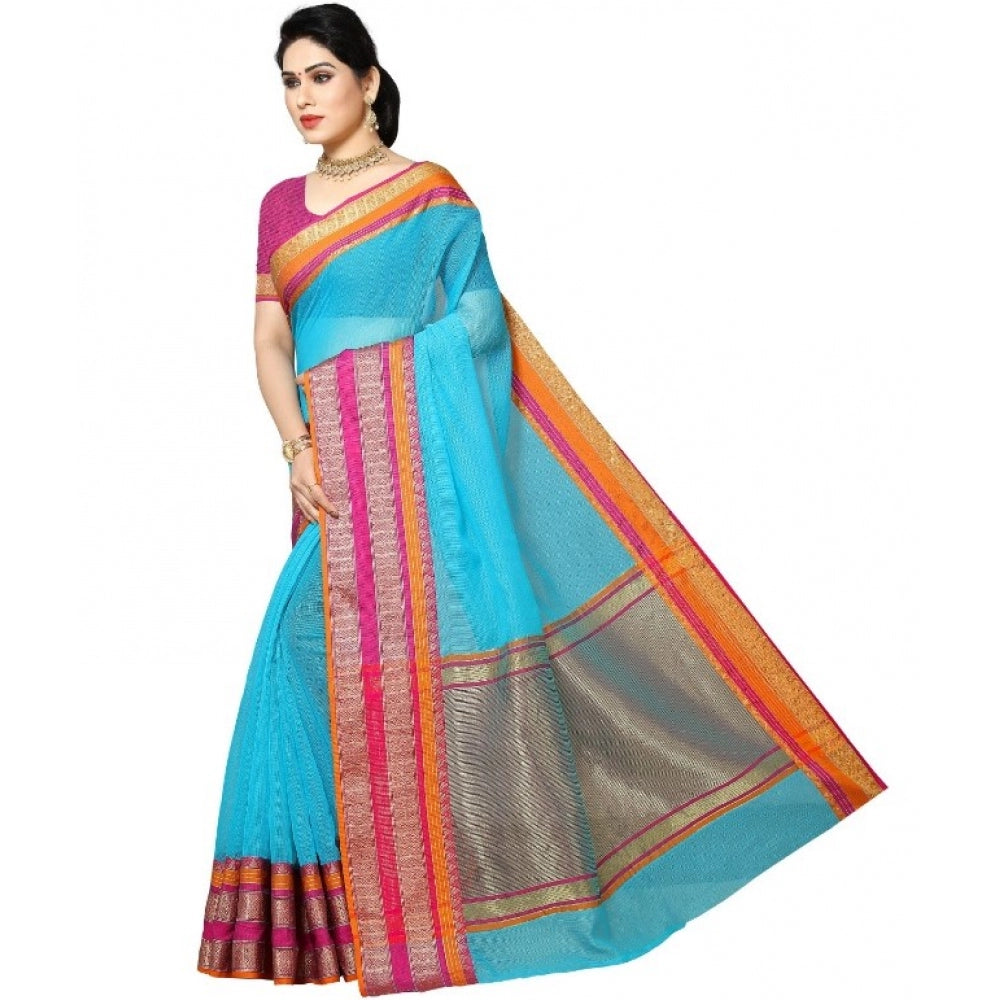 Generic Women's Kota Doria Cotton Border Saree With Blouse (Sky Blue, 5-6 Mtrs)