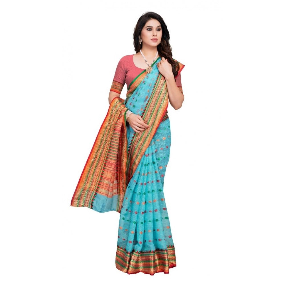 Generic Women's Kota Doria Cotton Woven Butta Saree With Blouse (Sky Blue, 5-6 Mtrs)