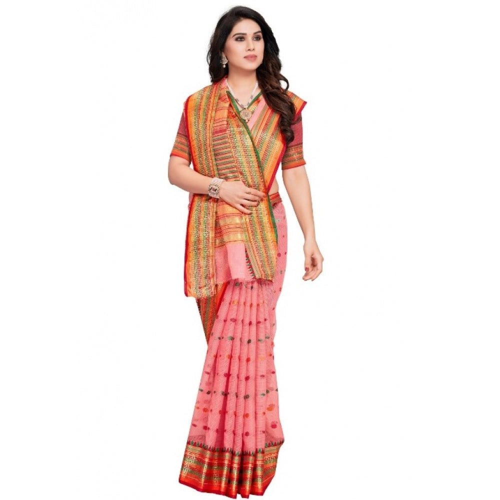 Generic Women's Kota Doria Cotton Woven Butta Saree With Blouse (Pink, 5-6 Mtrs)