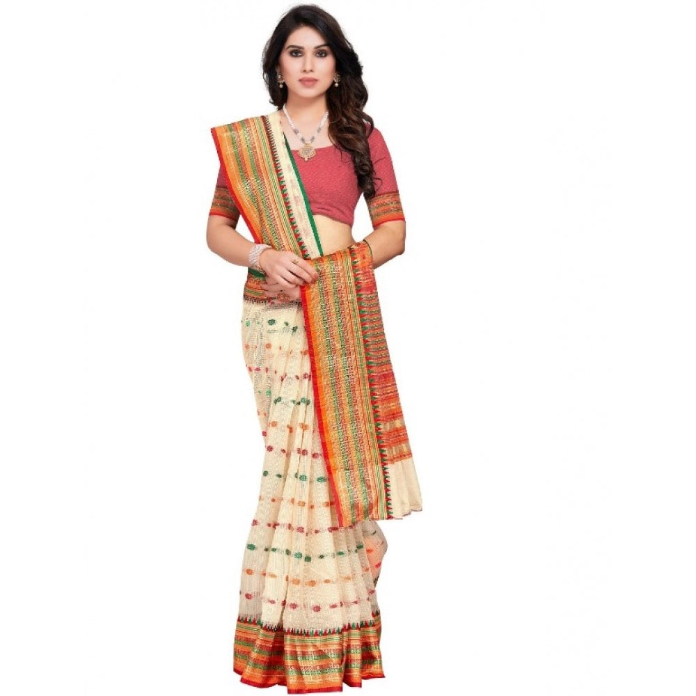 Generic Women's Kota Doria Cotton Woven Butta Saree With Blouse (Cream, 5-6 Mtrs)