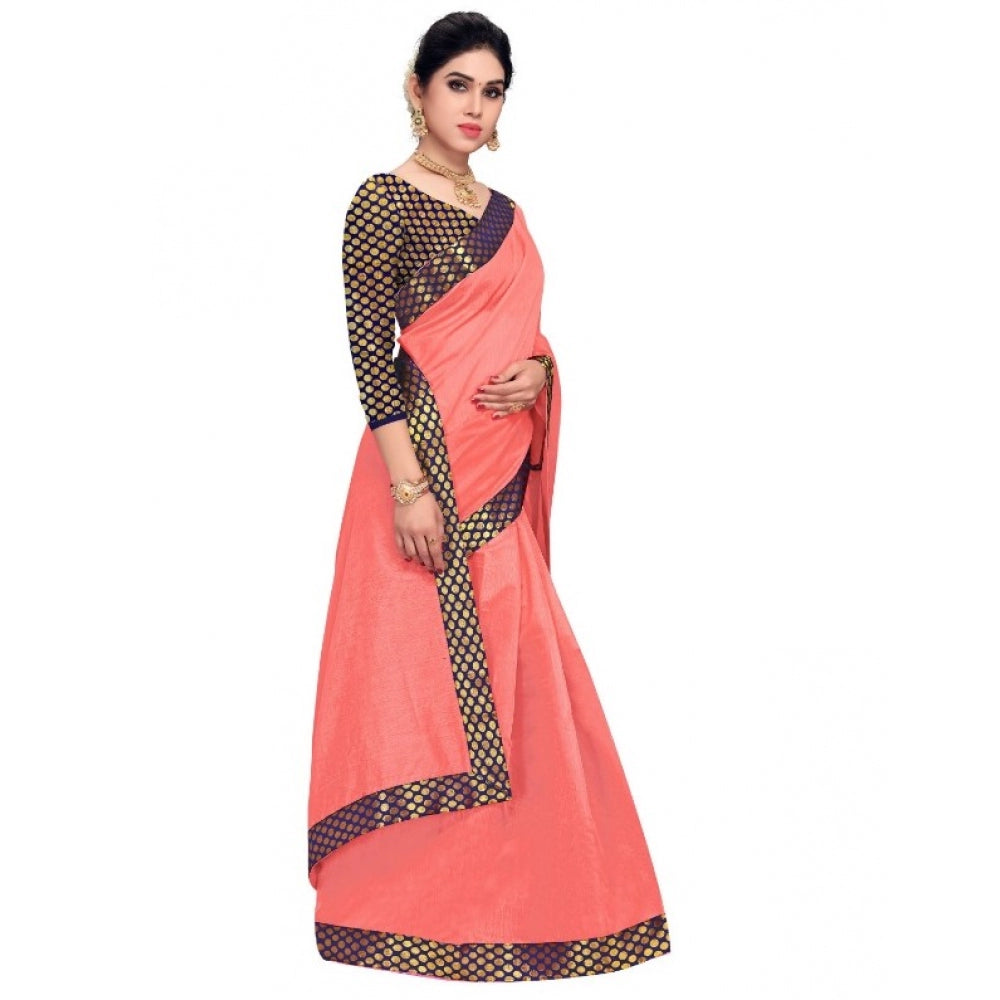 Generic Women's Chanderi Cotton Lace Border Saree With Blouse (Peach, 5-6 Mtrs)