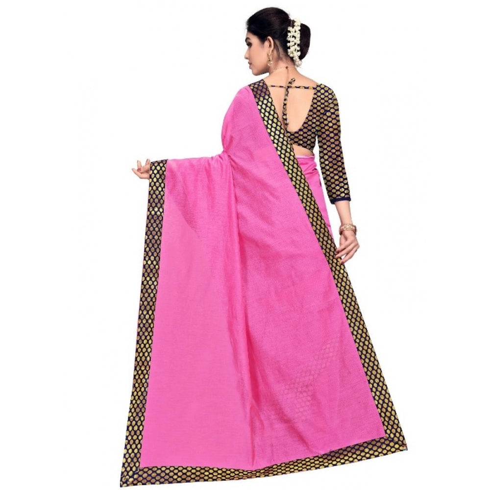 Generic Women's Chanderi Cotton Lace Border Saree With Blouse (Pink, 5-6 Mtrs)