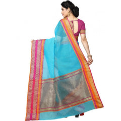 Generic Women's Kota Doria Cotton Border Saree With Blouse (Sky Blue, 5-6 Mtrs)