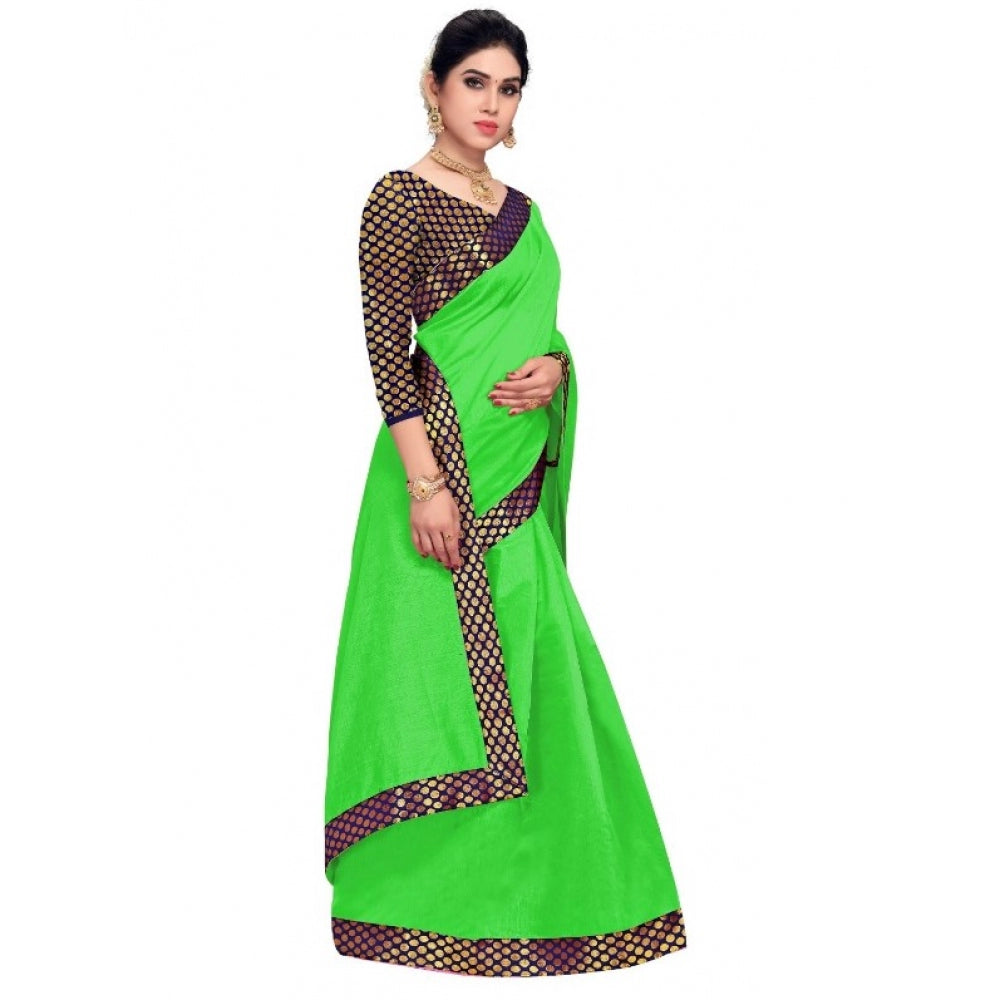 Generic Women's Chanderi Cotton Lace Border Saree With Blouse (Green, 5-6 Mtrs)