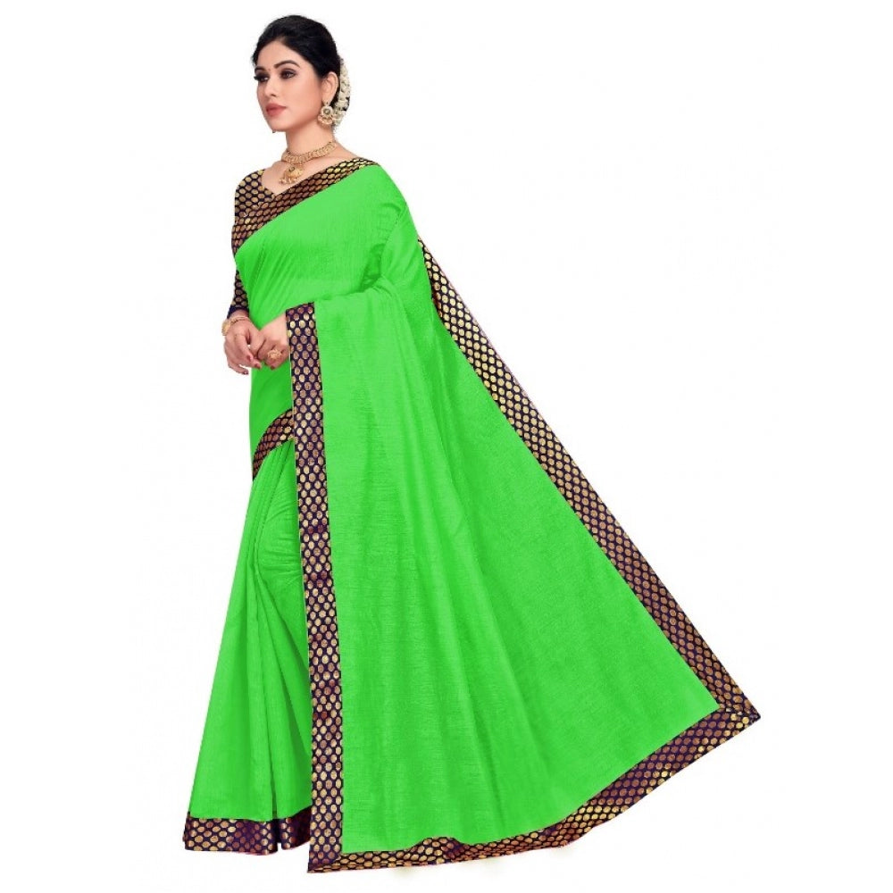 Generic Women's Chanderi Cotton Lace Border Saree With Blouse (Green, 5-6 Mtrs)