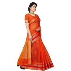 Generic Women's Kota Doria Cotton Border Saree With Blouse (Orange, 5-6 Mtrs)