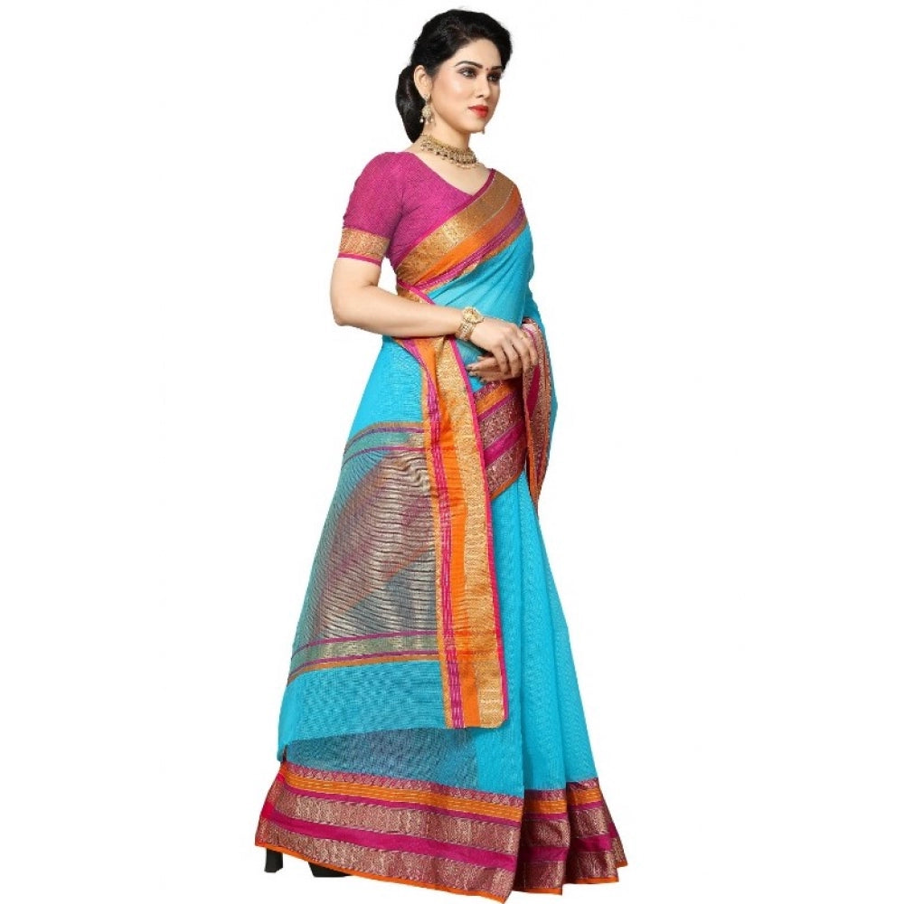 Generic Women's Kota Doria Cotton Border Saree With Blouse (Sky Blue, 5-6 Mtrs)