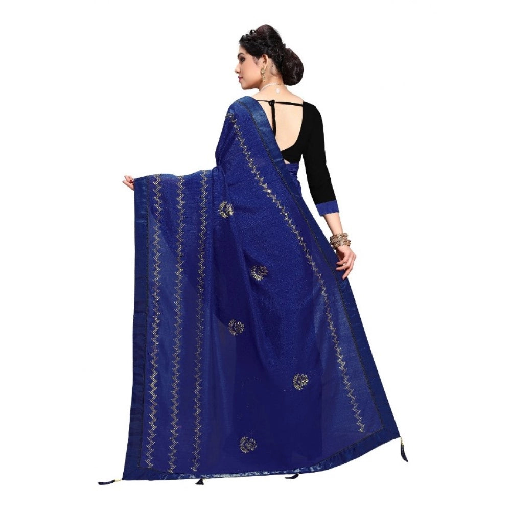 Generic Women's Vichitra Silk HotFix Stone Work Saree With Blouse (Blue, 5-6 Mtrs)