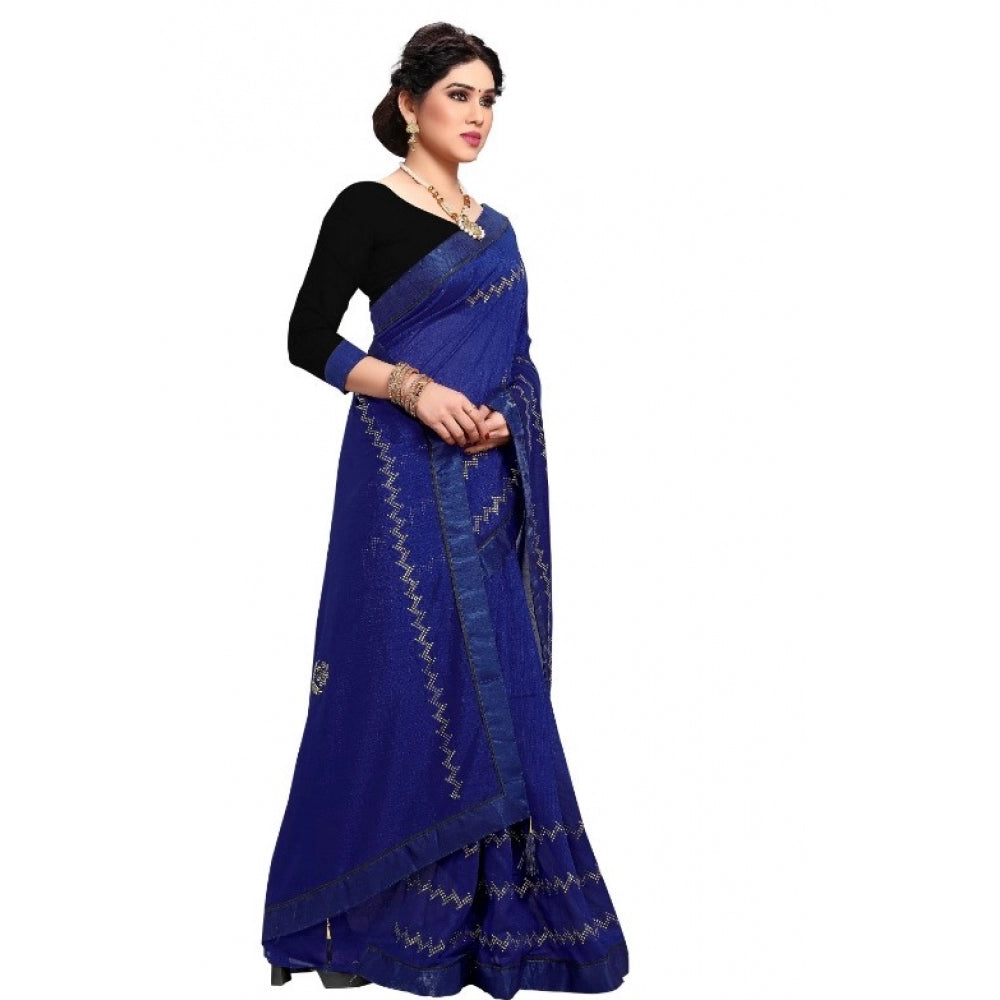 Generic Women's Vichitra Silk HotFix Stone Work Saree With Blouse (Blue, 5-6 Mtrs)