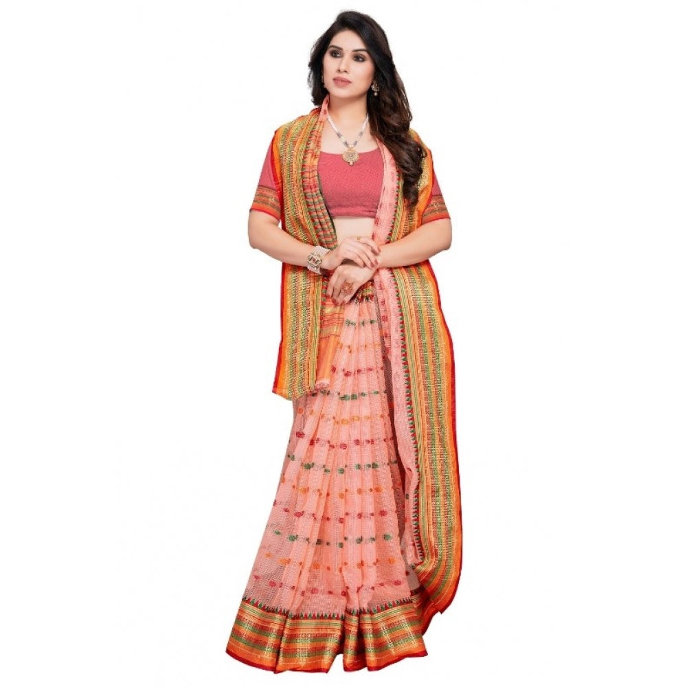 Generic Women's Kota Doria Cotton Woven Butta Saree With Blouse (Peach, 5-6 Mtrs)