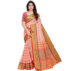 Generic Women's Kota Doria Cotton Woven Butta Saree With Blouse (Peach, 5-6 Mtrs)