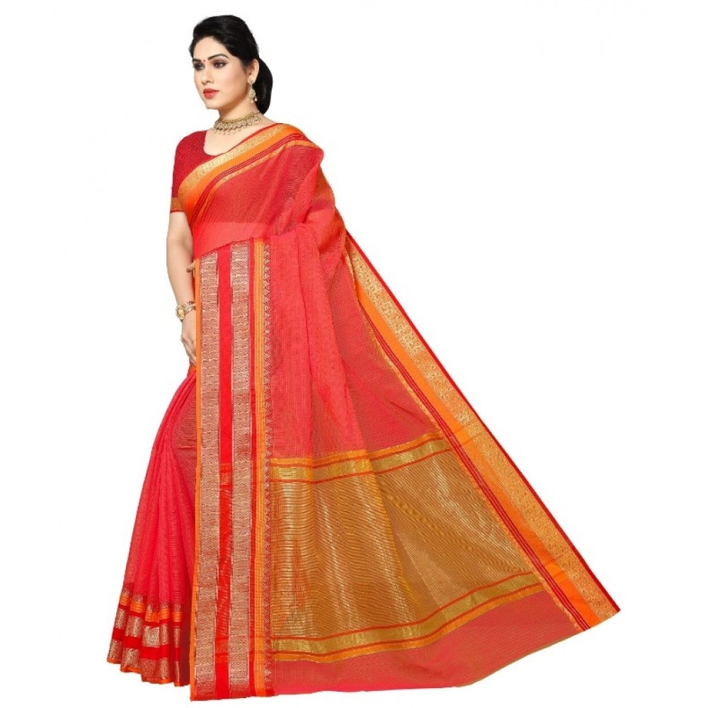 Generic Women's Kota Doria Cotton Border Saree With Blouse (Pink, 5-6 Mtrs)