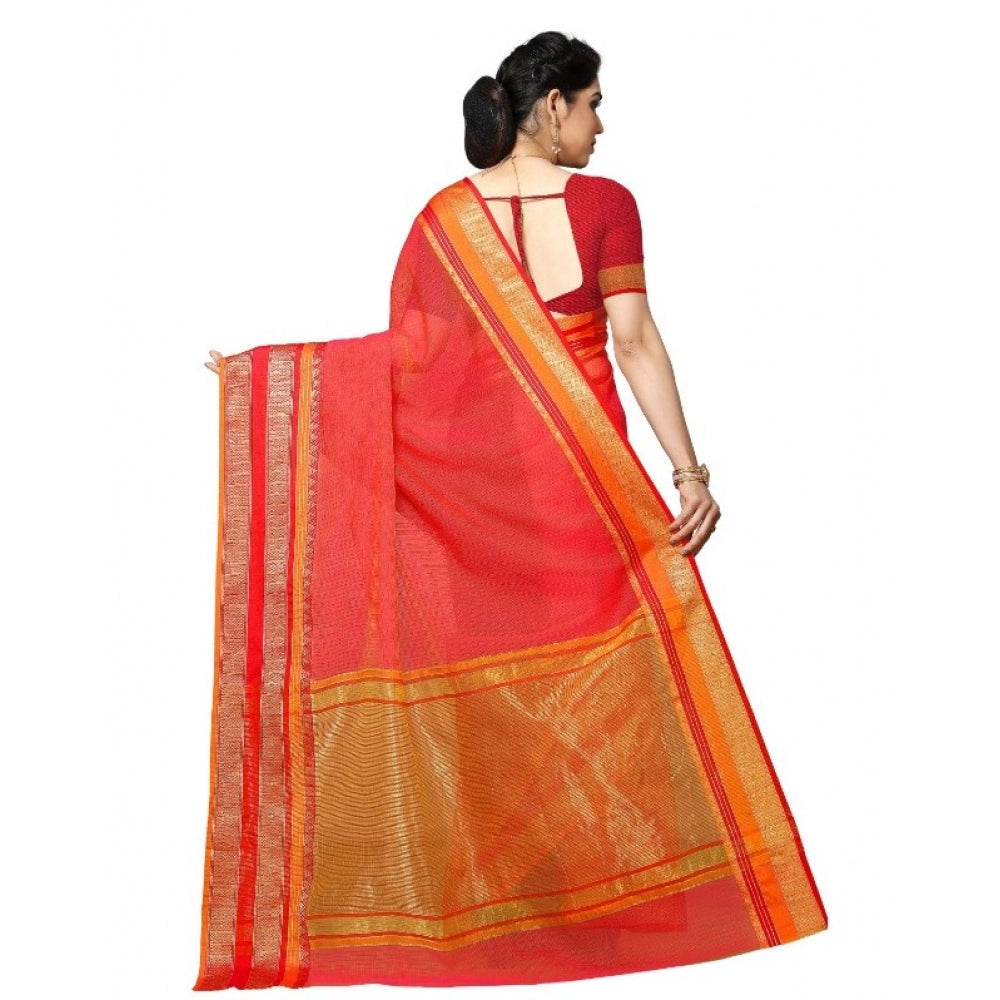 Generic Women's Kota Doria Cotton Border Saree With Blouse (Pink, 5-6 Mtrs)