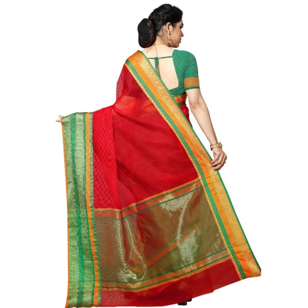 Generic Women's Kota Doria Cotton Border Saree With Blouse (Red, 5-6 Mtrs)