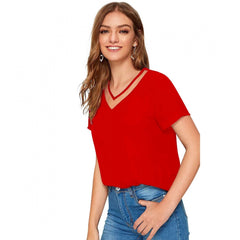 Generic Women's Polyester, Knitting Western Wear T-Shirt (Red)