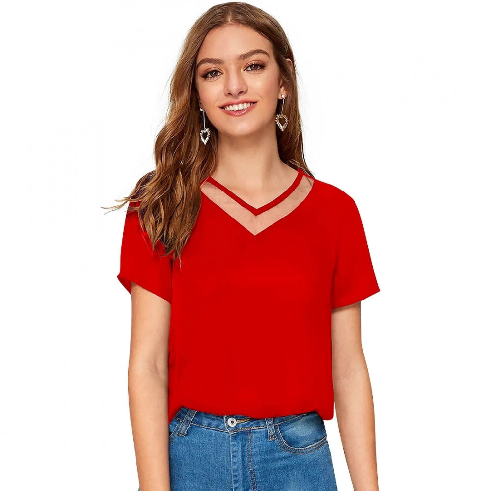 Generic Women's Polyester, Knitting Western Wear T-Shirt (Red)