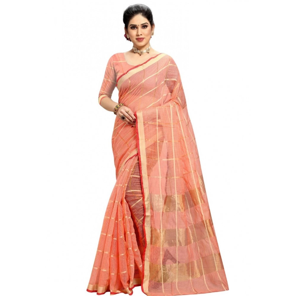 Generic Women's Kota Doria Cotton Checkered Saree With Blouse (Peach, 5-6 Mtrs)