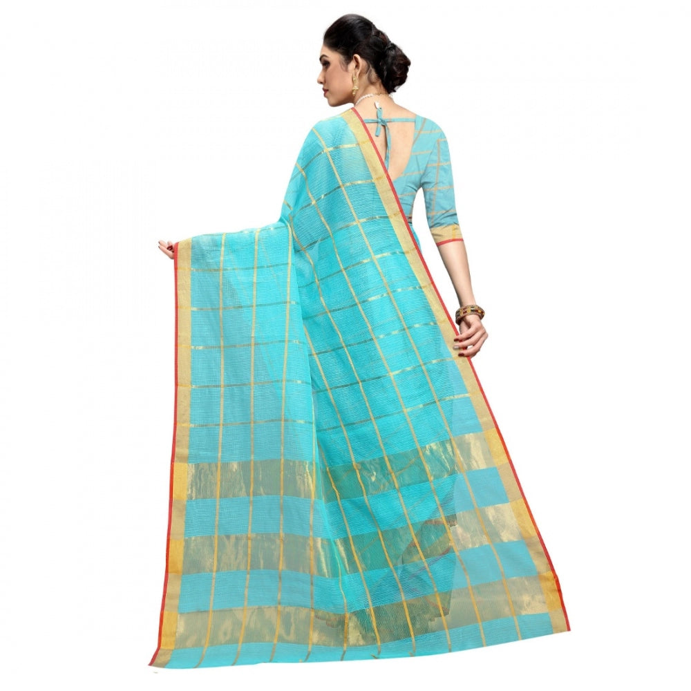 Generic Women's Kota Doria Cotton Checkered Saree With Blouse (Sky Blue, 5-6 Mtrs)