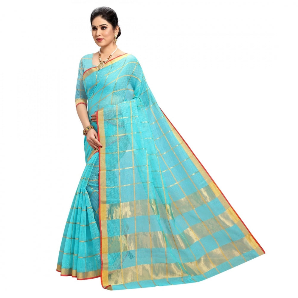 Generic Women's Kota Doria Cotton Checkered Saree With Blouse (Sky Blue, 5-6 Mtrs)