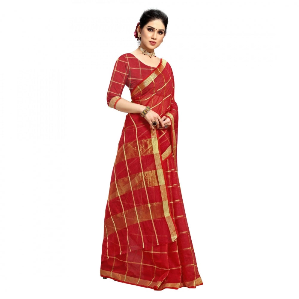 Generic Women's Kota Doria Cotton Checkered Saree With Blouse (Red, 5-6 Mtrs)