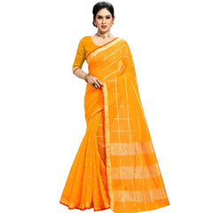 Generic Women's Kota Doria Cotton Checkered Saree With Blouse (Yellow, 5-6 Mtrs)