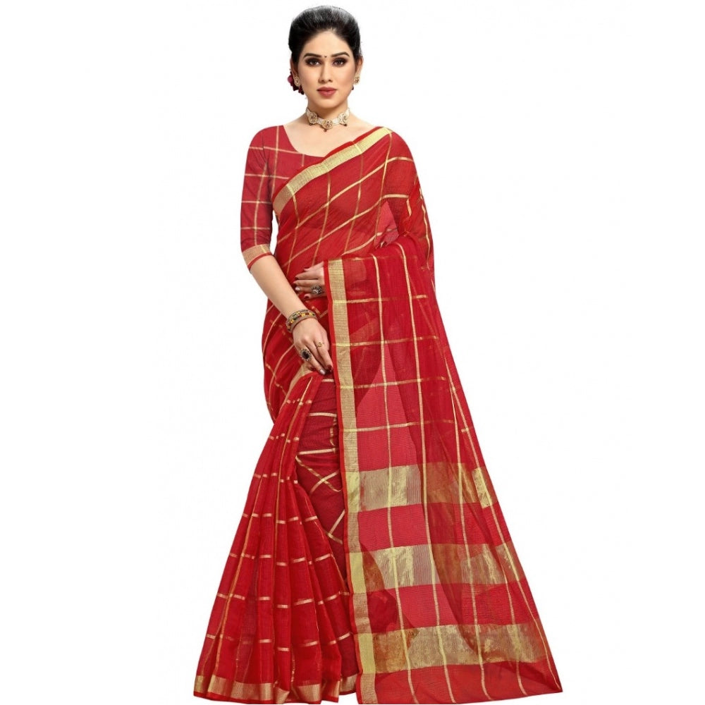 Generic Women's Kota Doria Cotton Checkered Saree With Blouse (Red, 5-6 Mtrs)