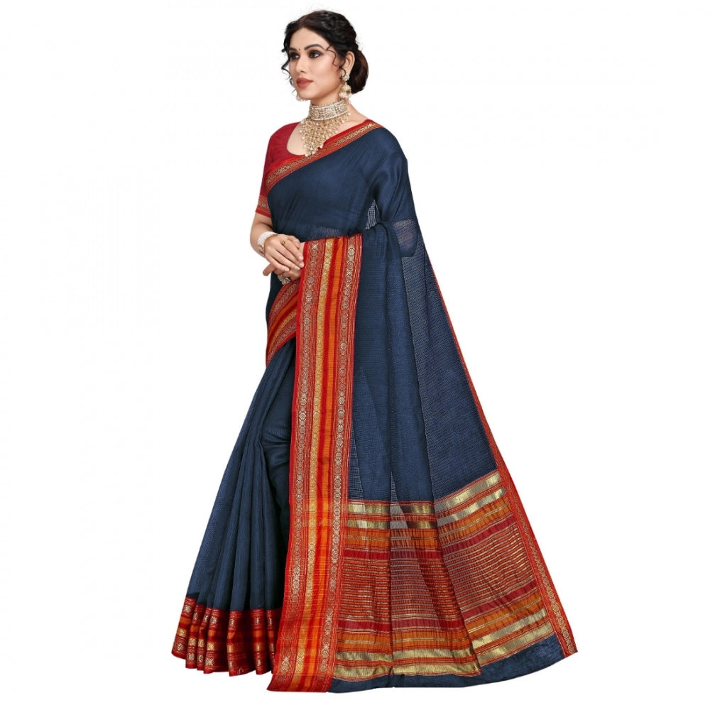 Generic Women's Kota Doria Cotton Bordered Saree With Blouse (Navy Blue, 5-6 Mtrs)