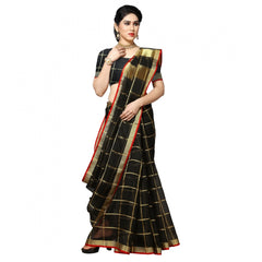 Generic Women's Kota Doria Cotton Checked Saree With Blouse (Black, 5-6 Mtrs)