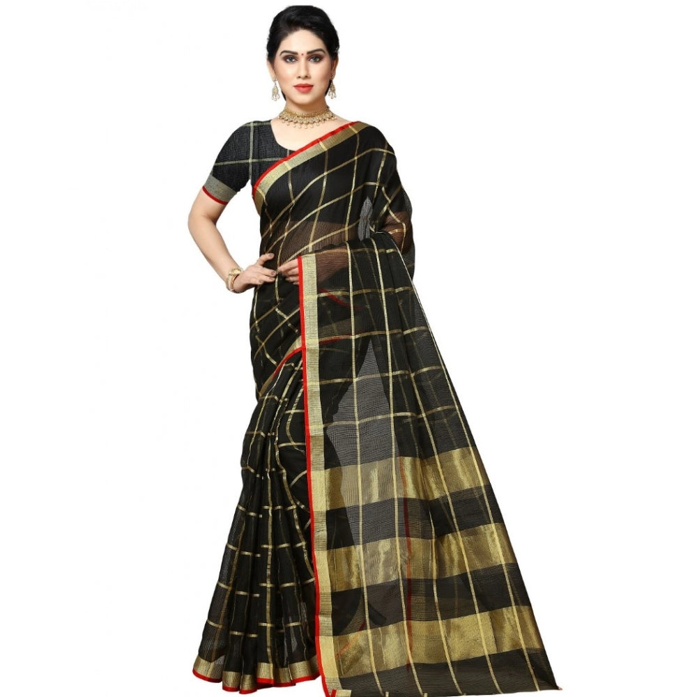 Generic Women's Kota Doria Cotton Checkered Saree With Blouse (Black, 5-6 Mtrs)