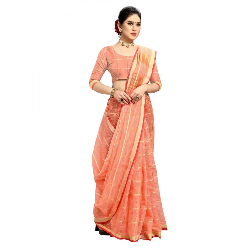 Generic Women's Kota Doria Cotton Checkered Saree With Blouse (Peach, 5-6 Mtrs)