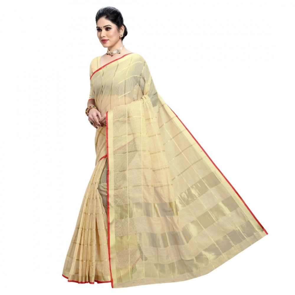 Generic Women's Kota Doria Cotton Checkered Saree With Blouse (Beige, 5-6 Mtrs)