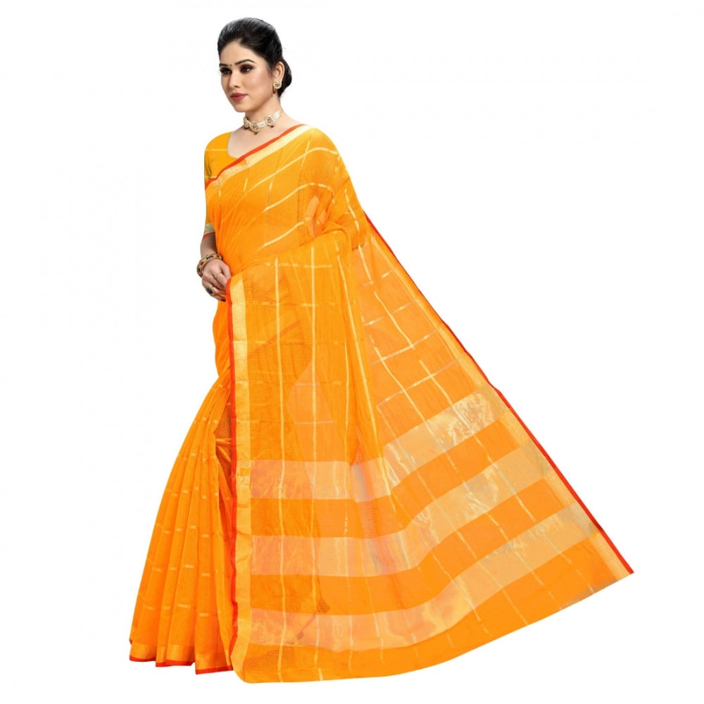 Generic Women's Kota Doria Cotton Checkered Saree With Blouse (Yellow, 5-6 Mtrs)