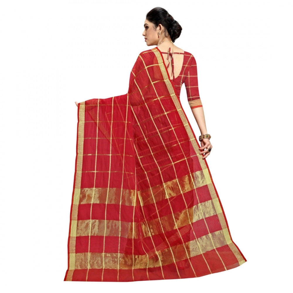 Generic Women's Kota Doria Cotton Checkered Saree With Blouse (Red, 5-6 Mtrs)