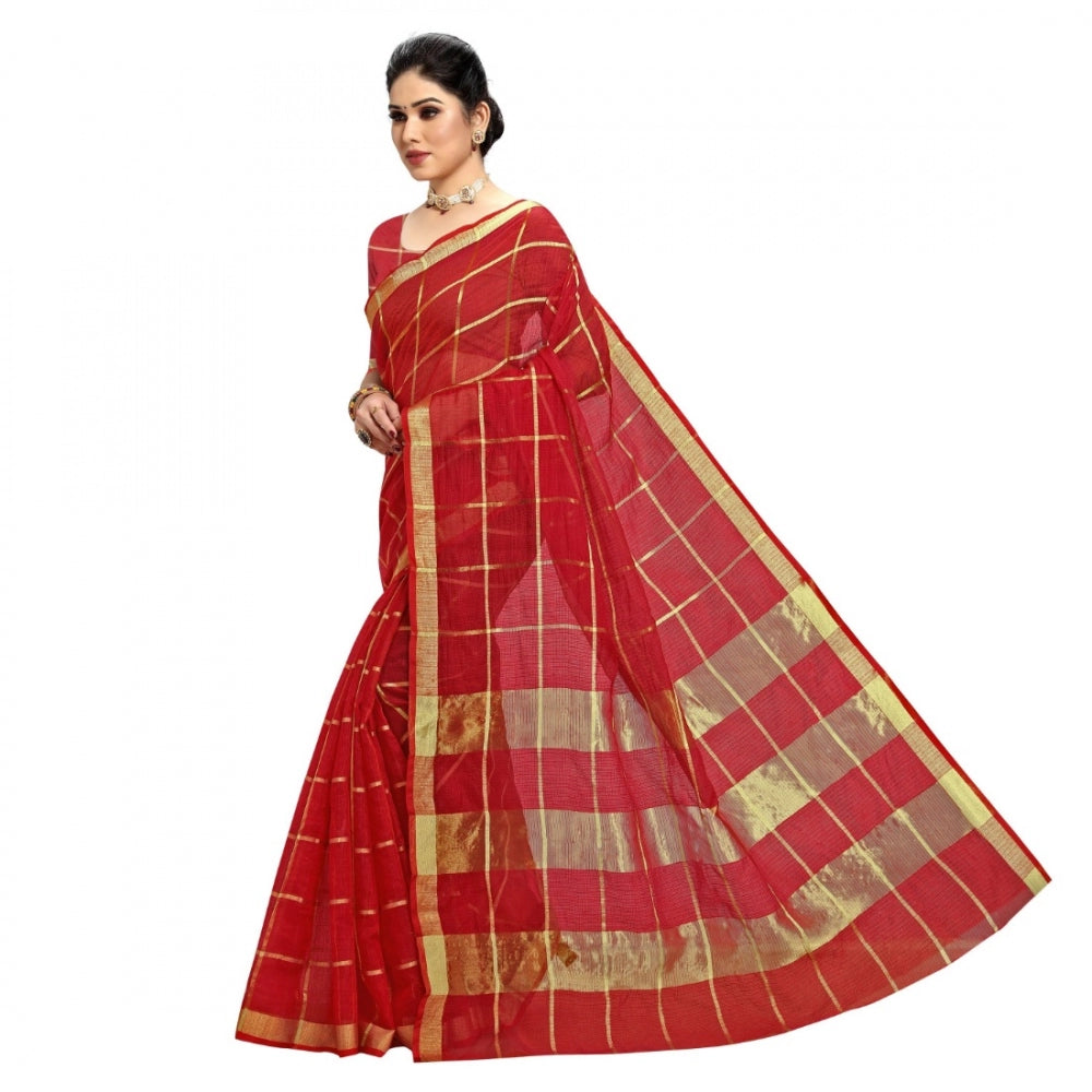 Generic Women's Kota Doria Cotton Checkered Saree With Blouse (Red, 5-6 Mtrs)