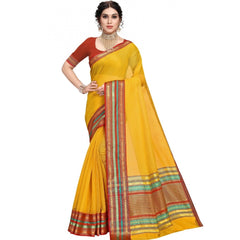 Generic Women's Kota Doria Cotton Bordered Saree With Blouse (Yellow, 5-6 Mtrs)