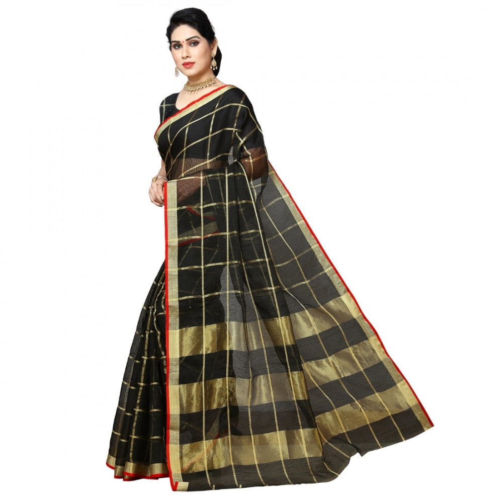 Generic Women's Kota Doria Cotton Checkered Saree With Blouse (Black, 5-6 Mtrs)