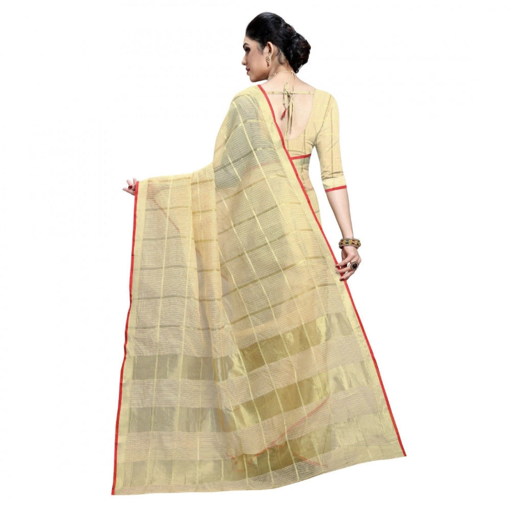 Generic Women's Kota Doria Cotton Checkered Saree With Blouse (Beige, 5-6 Mtrs)