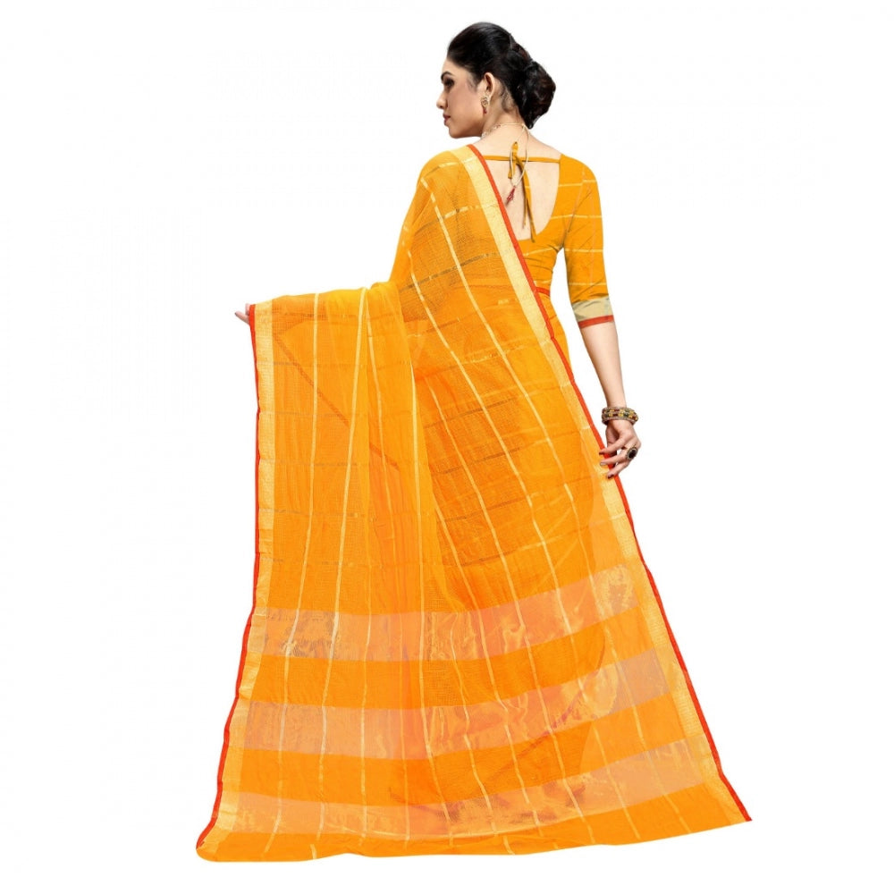 Generic Women's Kota Doria Cotton Checkered Saree With Blouse (Yellow, 5-6 Mtrs)