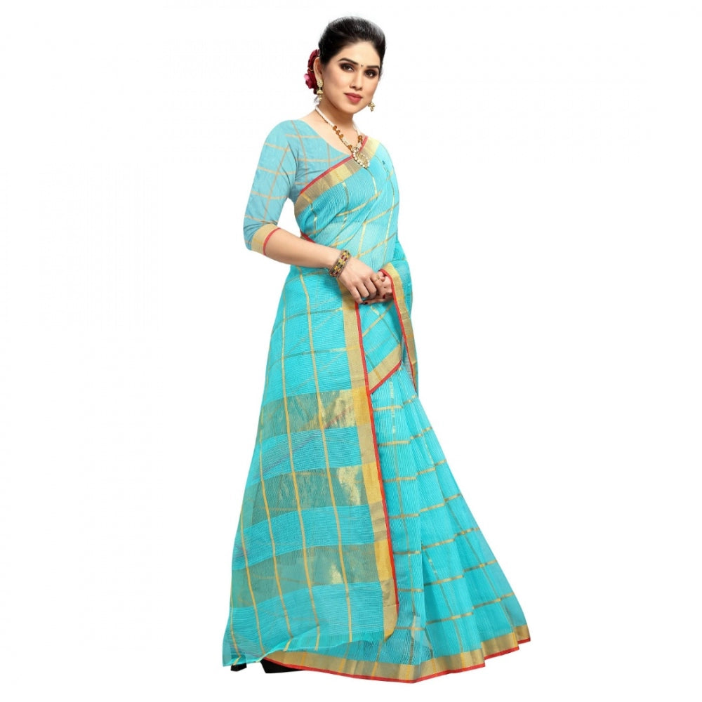 Generic Women's Kota Doria Cotton Checkered Saree With Blouse (Sky Blue, 5-6 Mtrs)