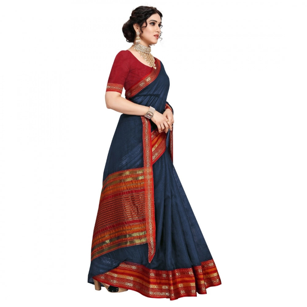 Generic Women's Kota Doria Cotton Bordered Saree With Blouse (Navy Blue, 5-6 Mtrs)