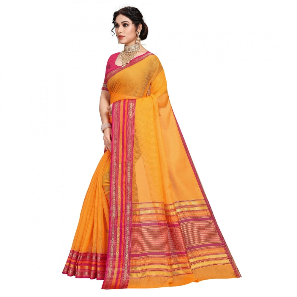 Generic Women's Kota Doria Cotton Bordered Saree With Blouse (Gold, 5-6 Mtrs)