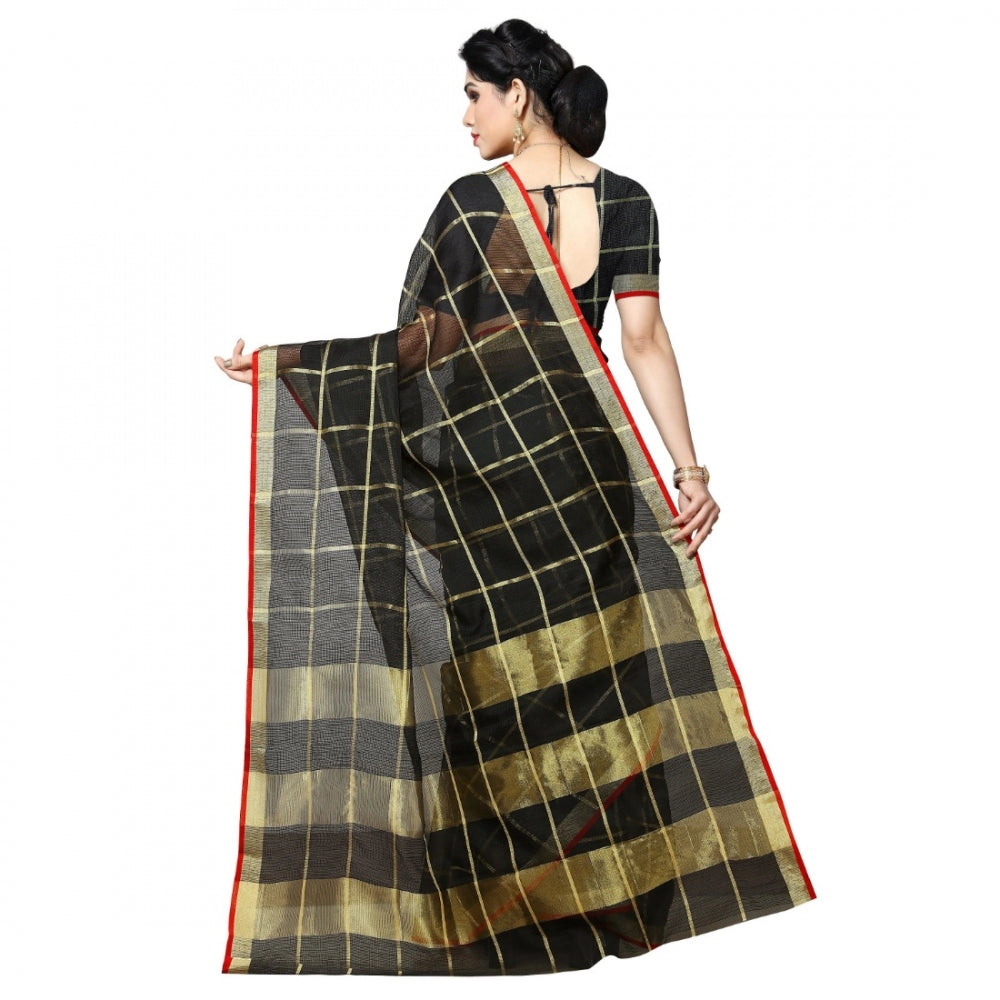 Generic Women's Kota Doria Cotton Checkered Saree With Blouse (Black, 5-6 Mtrs)