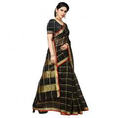 Generic Women's Kota Doria Cotton Checkered Saree With Blouse (Black, 5-6 Mtrs)