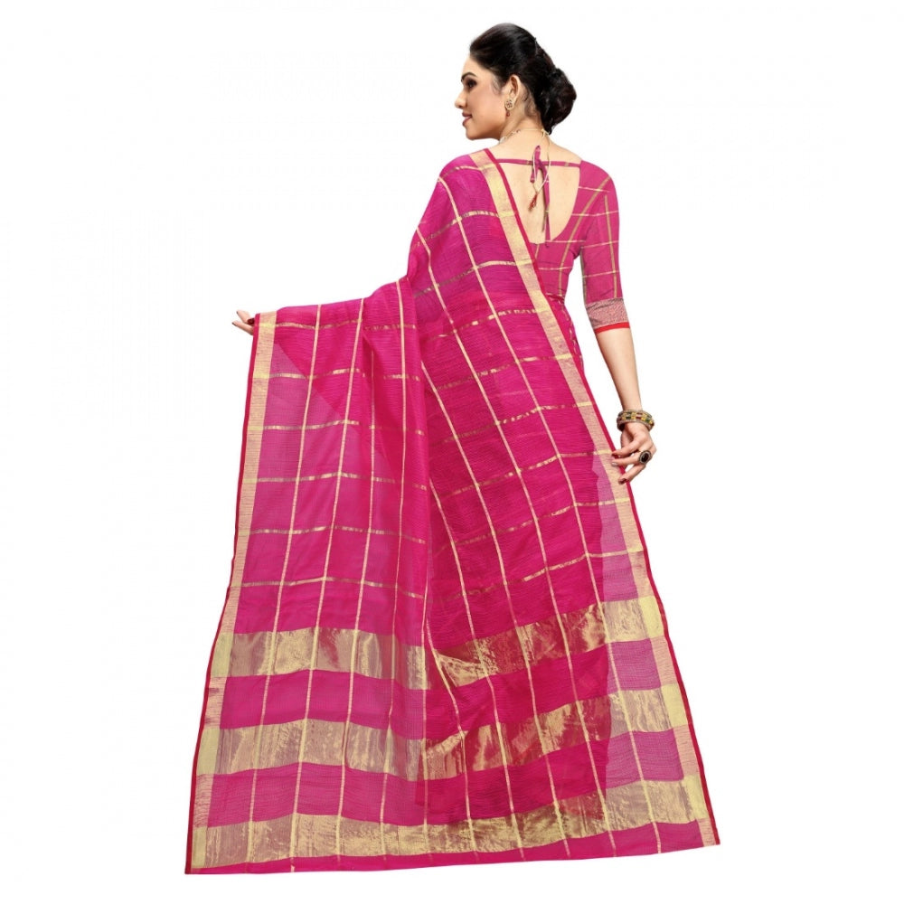 Generic Women's Kota Doria Cotton Checkered Saree With Blouse (Rani, 5-6 Mtrs)