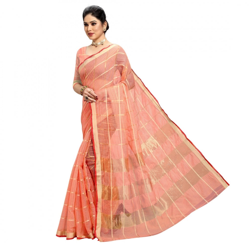 Generic Women's Kota Doria Cotton Checked Saree With Blouse (Peach, 5-6 Mtrs)