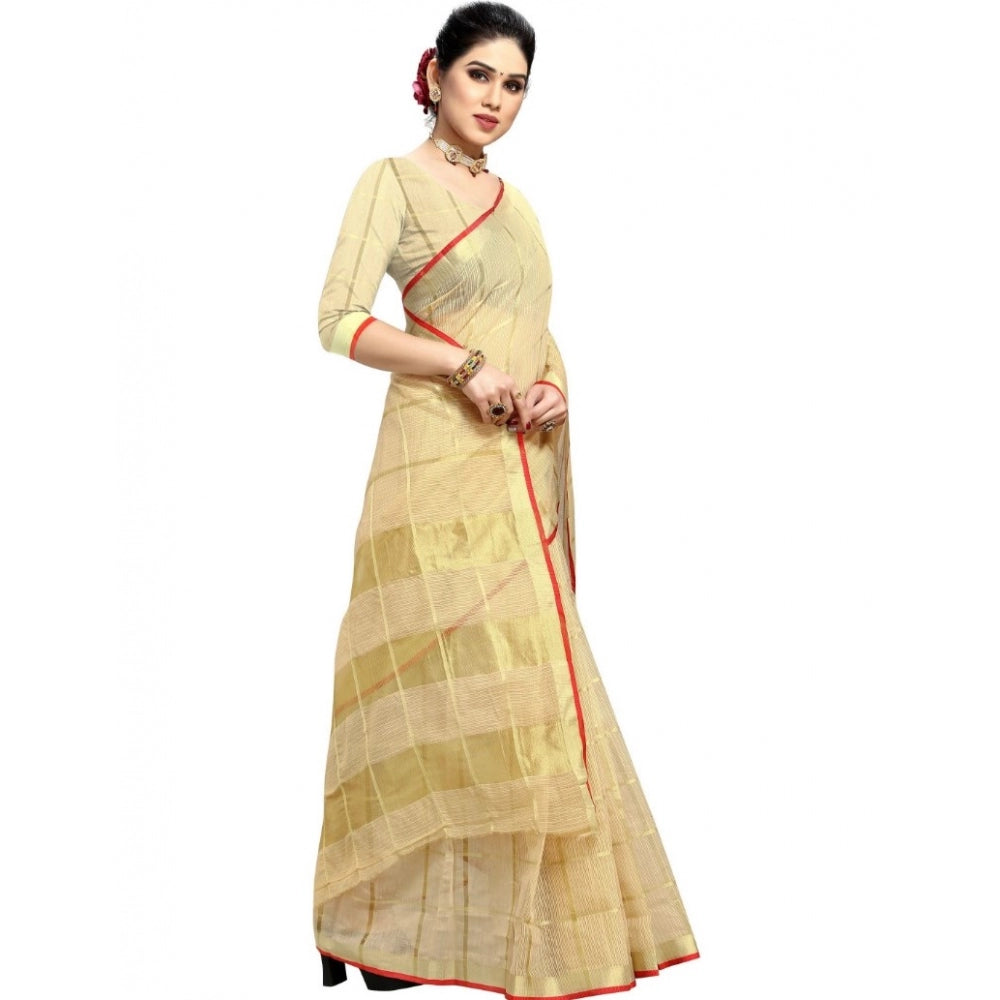 Generic Women's Kota Doria Cotton Checkered Saree With Blouse (Beige, 5-6 Mtrs)