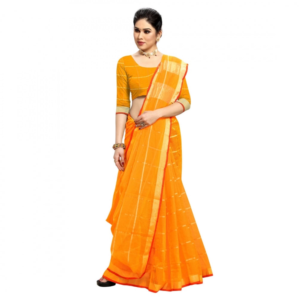 Generic Women's Kota Doria Cotton Checked Saree With Blouse (Yellow, 5-6 Mtrs)