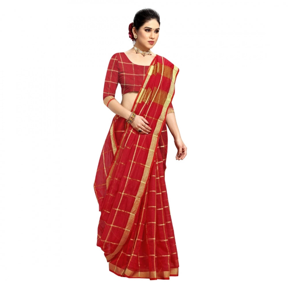 Generic Women's Kota Doria Cotton Checkered Saree With Blouse (Red, 5-6 Mtrs)